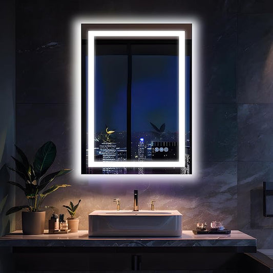 Antok 28"x 20" LED Bathroom Mirror with Lights, Anti-Fog, Dimmable, Lighted Vanity Mirror with Tempered Glass, Memory Function, 11 Light Modes, Safe Use, Horizontal, Vertical