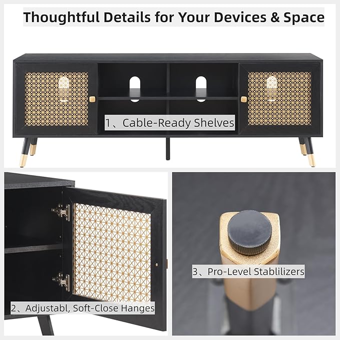 JYED Mid Century Modern TV Stand and Console for TVs Up to 75" - Black Entertainment Center, 2 Gold Metal Mesh Doors & MDF Wood Grain, 15.8" D x 66" W x 23.5" H