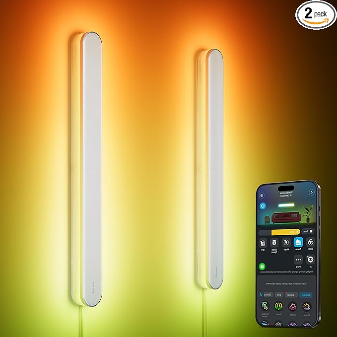 Govee Wall Sconces Set of Two, RGBIC LED Wall Lights, Works with Matter & Alexa, Music Sync, Plug in Wall Mount Light, Dimmable Modern Room Light for Living Room Bedroom Hallway, 2 Pack