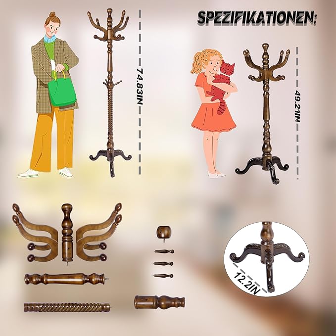 73 in Wood Coat Rack, Coat Rack Freestanding with Stable Round Base, Adjustable Height Tree Coat Racks Stand for Home Bedroom Office Hallway Entryway (Triangular Antique)