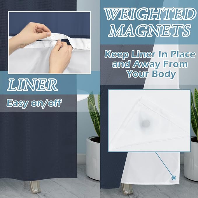 Navy Blue No Hook Shower Curtain with Snap in Liner,230GSM Waffle Weave Shower Curtains for Bathroom,71W x 74H