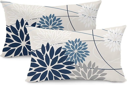 Blue and Gray Floral Pillow Covers 12x20 Set of 2 Outdoor Waterproof White Colored Decorative Throw Pillows Summer Pillowcase Polyester Cushion Case Decor for Couch Patio Funiture Garden Porch 01B12