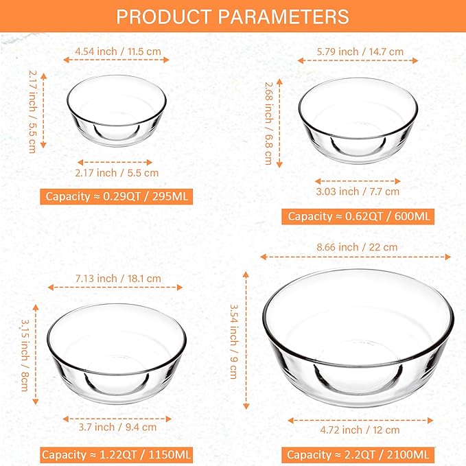 Glass Mixing Bowls Set of 4 - Stackable Kitchen Prepping, Baking, Cooking Prep, Serving Bowls - Dishwasher, Microwave and Freezer Safe (0.29QT, 0.62QT, 1.22QT, 2.2QT)