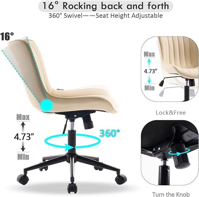 YOUNIKE Beige Home Office Desk Chair with Wheels Swivel Comfy Armless Vanity Chair with Back Modern Leather Upholstered Rolling Task Chair Small Cute Drafting Sewing Chair No Arms Adjustable