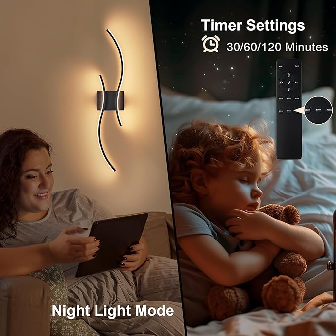 Battery Operated Wall Sconces Set of Two with Remote Control, Stepless Colors 3000K-6000K & Dimming, LED Black Wireless Wall Light for Living Room, Hallway, Bedroom, 27.5 Inch (2 Pack)