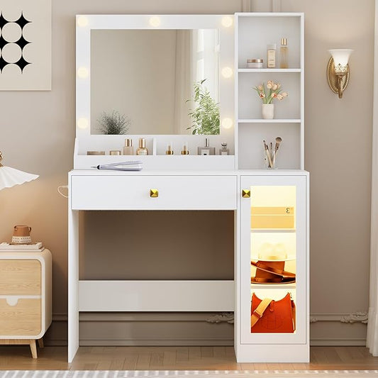 Makeup Vanity with Mirror and Lights, 34'' Wide Dressing Table with Charging Station & RGB Glass Cabinet, Small Vanity Desk with 3 Color Lighting Modes & Adjustable Brightness, White