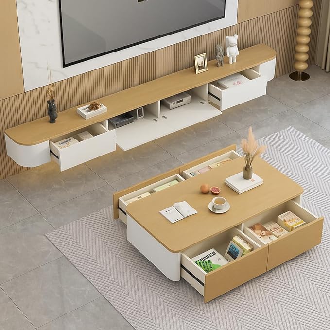 Floating TV Stand,47-118 Inch Wall Mounted TV Shelf,Modern Entertainment Center Media Console with Storage for Bedroom,Living Room (White/Wood with Light, 86.6")