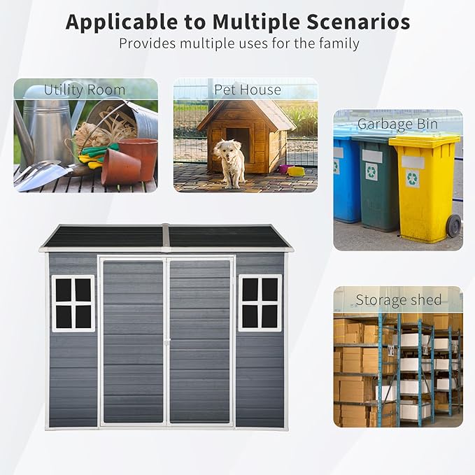 8x6 FT Outdoor Storage Resin Shed with Floor, Plastic Garden Bike Shed with Sloped Roof, Lockable Door & Windows, Easy to Assemble Tool Shed for Lawn, Backyard, Patio, Black