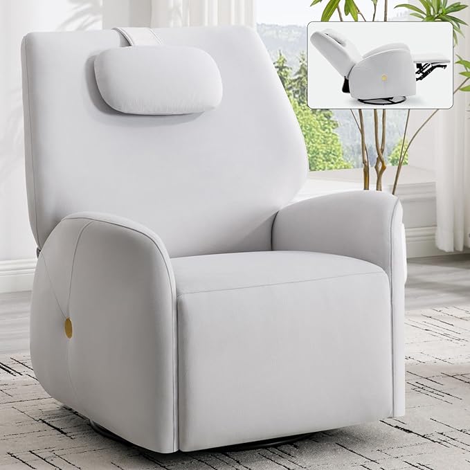 Power Recliner Chairs for Women, 270° Swivel Recliner Rocker Chair with Charging Ports, Reclining Rocking Glider Chair for Nursery, Polyester Fabric White