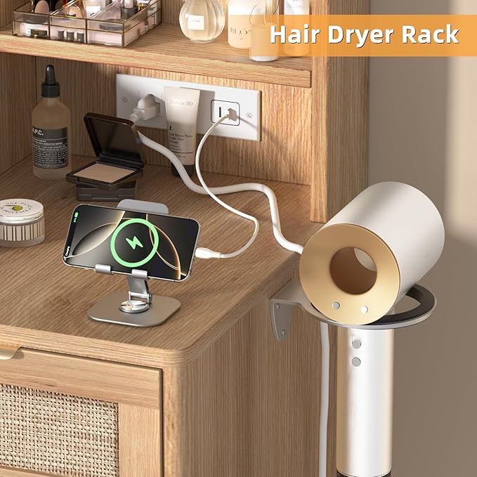 LEYAOYAO Rattan Vanity Desk with Mirror and Lights, 43.5'' Boho Makeup Vanity with 6 Drawers and Adjustable Shelves, Natural Wood Make Up Vanity Dressing Table with Glass Top, Power Outlet for Bedroom