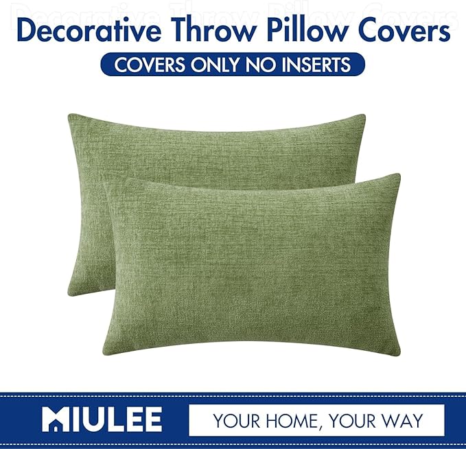 MIULEE Pack of 2 Couch Throw Pillow Covers 14x24 Inch Spring Soft Sage Green Chenille Pillow Covers for Sofa Living Room Solid Dyed Pillow Cases