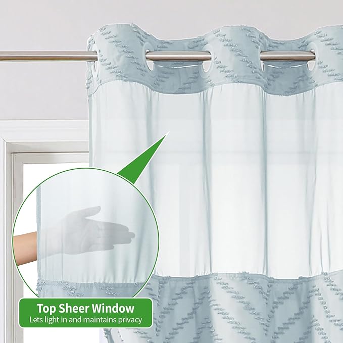 No Hook Boho Farmhouse Shower Curtain with Snap-in Fabric Liner set-71Wx74H(72H),Tufted Chevron Striped Hotel Grade Cloth Shower Curtains for Bathroom with Window,Water Repellent,Fog Blue