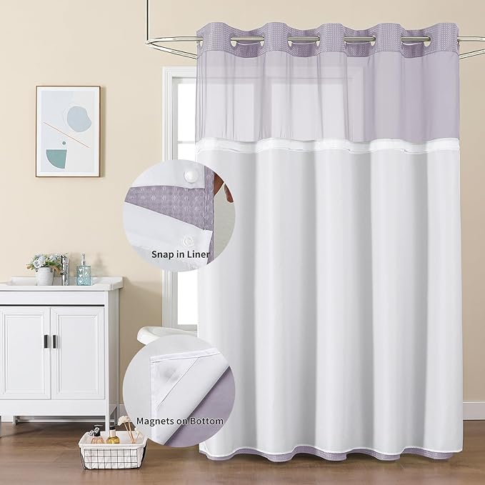 Colorful Star No Hook Shower Curtain with Snap in Fabric Liner, Waffle Weave Heavy Duty Thick Shower Curtains with Mesh Top Window, Hotel Style Waterproof Bathroom Curtain Set, 72 x 75 Inch, Lavender