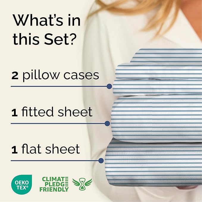 Striped Sheets - Blue & White Striped Sheets - 1 Flat & 1 Fitted & 2 Pillowcases w/ Deep Pockets – Comfy, Wrinkle & Fade Free - Soft, Breathable & Cooling - Luxury Pinstripe Bedding - Full Size Set