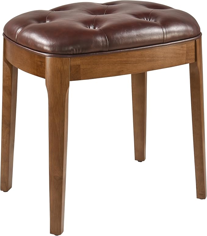 Solid Wood Button Tufted Vanity Stool, Ottoman Stool with Wood Legs & Padded Seat PU Leather Upholstered Piano Bench with Non-Slip Foot Pads Accent Chair for Bedroom Entryway, Wine Red