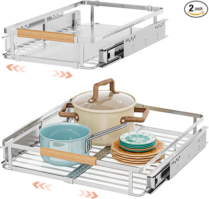 2Pack Expandable Pull Out Cabinet Organizer, Slide Out Drawers for Kitchen Cabinets, Heavy Duty Drawer Slides for Home Kitchen Pantry Cupboard Pots Pans, Adjustable Width 11.8"~18" W x 17.3''D