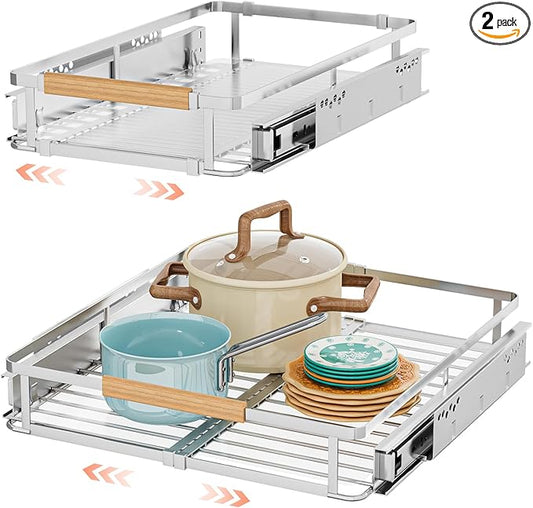 2Pack Expandable Pull Out Cabinet Organizer, Slide Out Drawers for Kitchen Cabinets, Heavy Duty Drawer Slides for Home Kitchen Pantry Cupboard Pots Pans, Adjustable Width 11.8"~18" W x 17.3''D