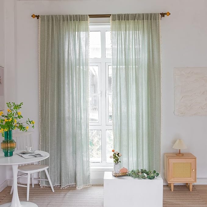 Boho Curtains Embroidery Striped Country Farmhouse Curtains for Bedroom Sage Green Linen Curtains 63 Inch Length 2 Panels Light Filtering Curtains for Living Room(52" W x 63" L,Sage Green)