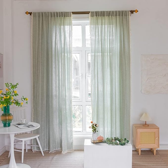 Boho Embroidery Striped Linen Curtains 84 Inches Long 2 Panels for Bedroom - Sage Green Country Farmhouse Bohemian Light Filtering for Living Room (52" W x 84" L)