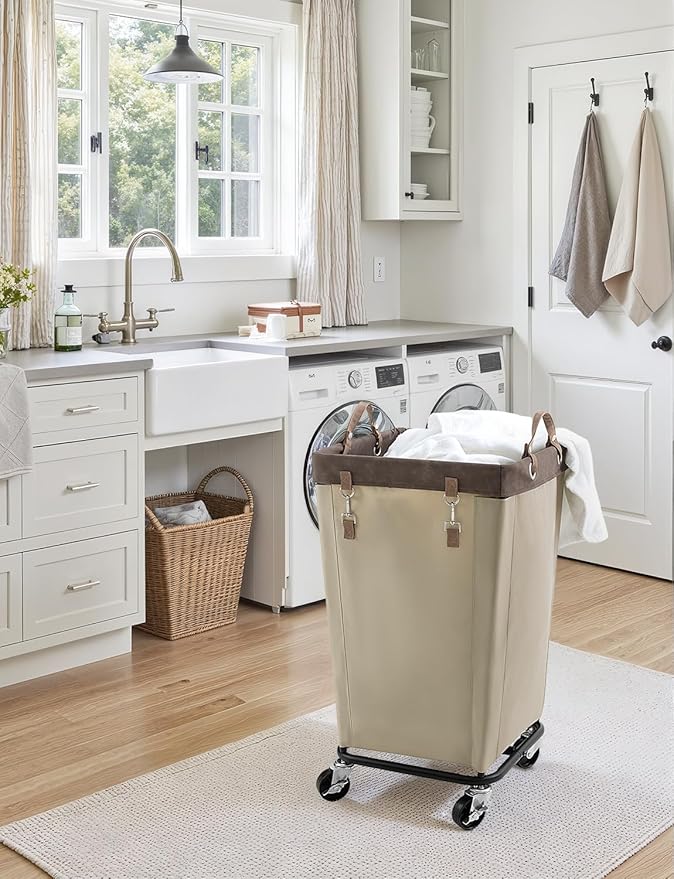 StorageWorks 160L Laundry Basket with Wheels, Large Rolling Hampers for Clothing Organizer, Dirty Clothes Basket for Hotel, Home, Closet, Dorm, Light Khaki