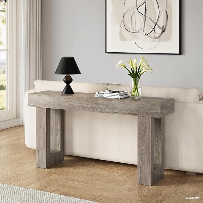 63-Inch Long Console Table, Wooden Rectangular Sofa Table Behind The Couch, Farmhouse Entryway Table for Entrance, Hallway (Grey)