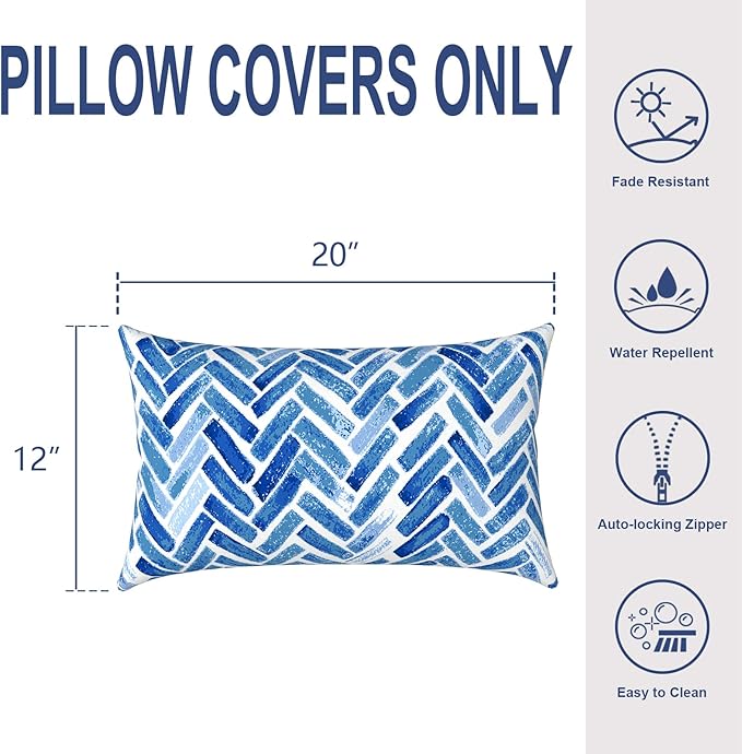 Pack of 2 Outdoor Lumbar Pillow Covers, All Weather Cushion Pillow Cases 12x20 Inch, Pillowcase for Patio Couch Decoration, Blue Bricks