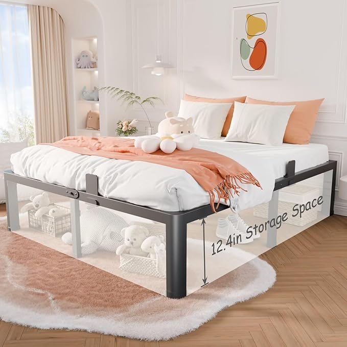 14 Inch California King Bed Frame with Rounded Corner and Headboard Hole Mattress Retainers 3500 lbs Heavy Duty Support Metal Platform Bed Frame Noise Free No Box Spring Needed Easy Assembly