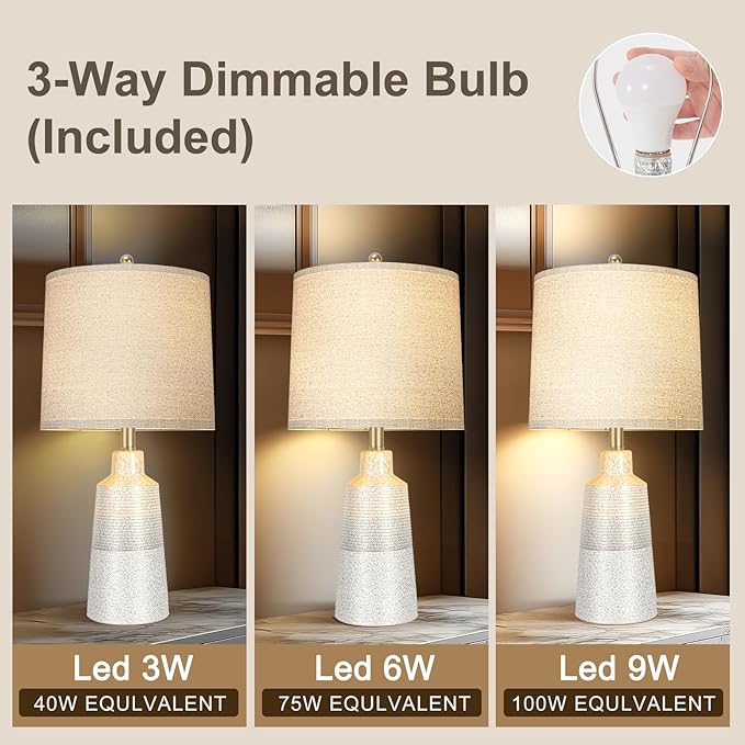 24.5" Ceramic Table Lamps Set of 2 for NightStand,Lamps for Living Room with 3-Way Dimmable Bulb,Rotary Switch,Modern Table Lamp with Linen Shade,Bedside Lamps of Set 2 for Bedrooms(Bulb Included)