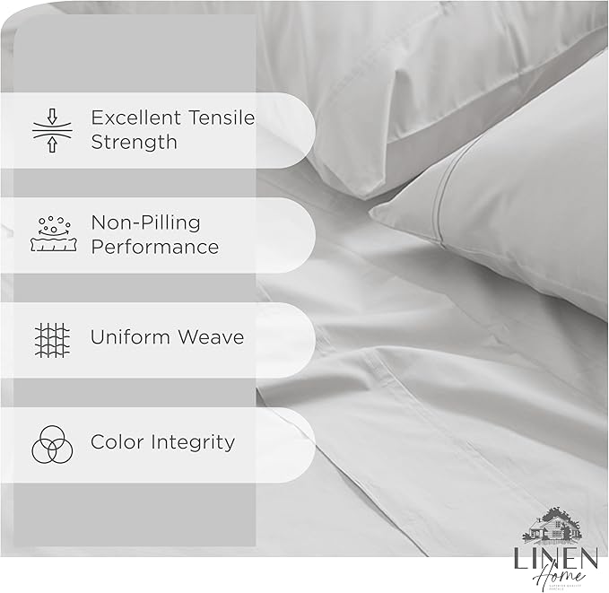 Linen Home 100% Cotton Percale Sheets Twin Size, Silver, Deep Pocket, 3 Pieces Set - 1 Flat, 1 Deep Pocket Fitted Sheet and 1 Pillowcase, Crisp Cool and Strong Bed Linen