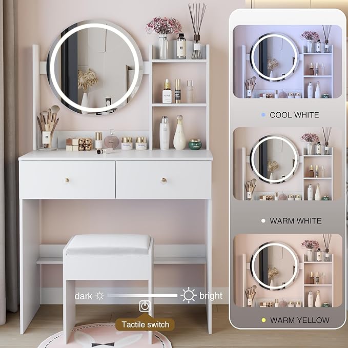 31.5" Small Vanity Desk with Mirror and Lights, Makeup Table with Led Lights, 3 Lighting Colors, Vanity Set with 2 Drawers and Stool for Small Space Bedroom, White