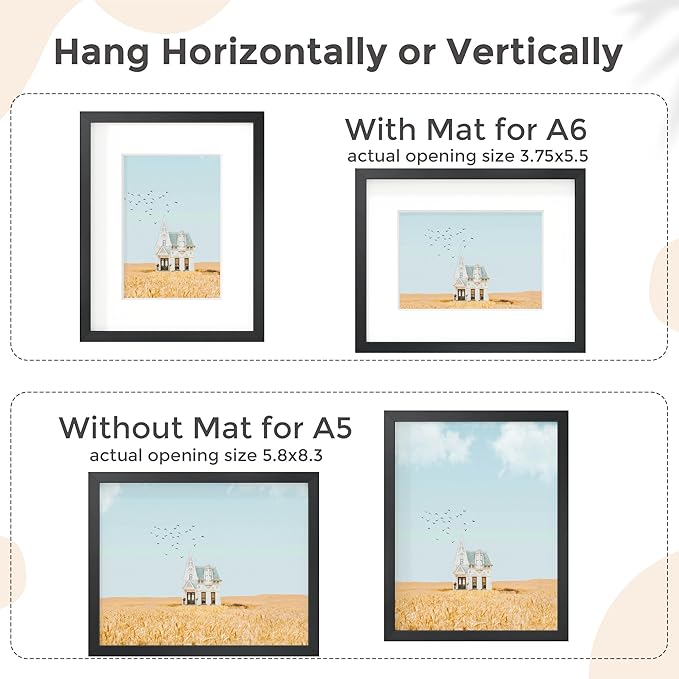 A5 Picture Frame Black - High-End Metal Frame for Wall, Photo Frame with Mat A6, Poster Frame 5.8x8.3, Aluminum Frame and Real Glass, Diploma, Certificates, Decor, Wall Kit, Black