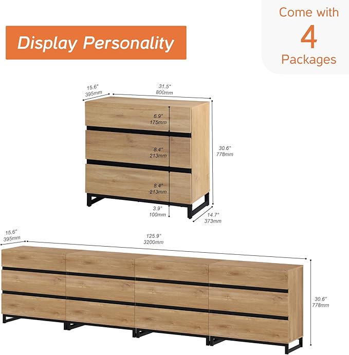 WAMPAT Modern TV Stand for TVs up to 120 inch, Entertainment Center TV Console with 12 Drawers and Metal Base, Media Console for Living Room, Bedroom, Oak