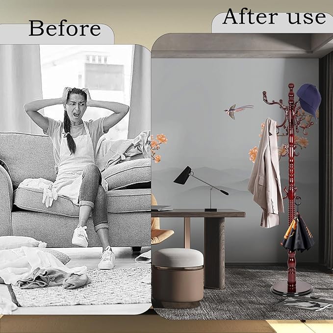 Coat Rack Freestanding, Wooden Tree Coat Rack Stand with 3 Adjustable Sizes Coat Tree and 14 Hooks, Sturdy Hall Tree with Solid Round Base for Entryway, Hallway,Bedroom (Reddish brown)