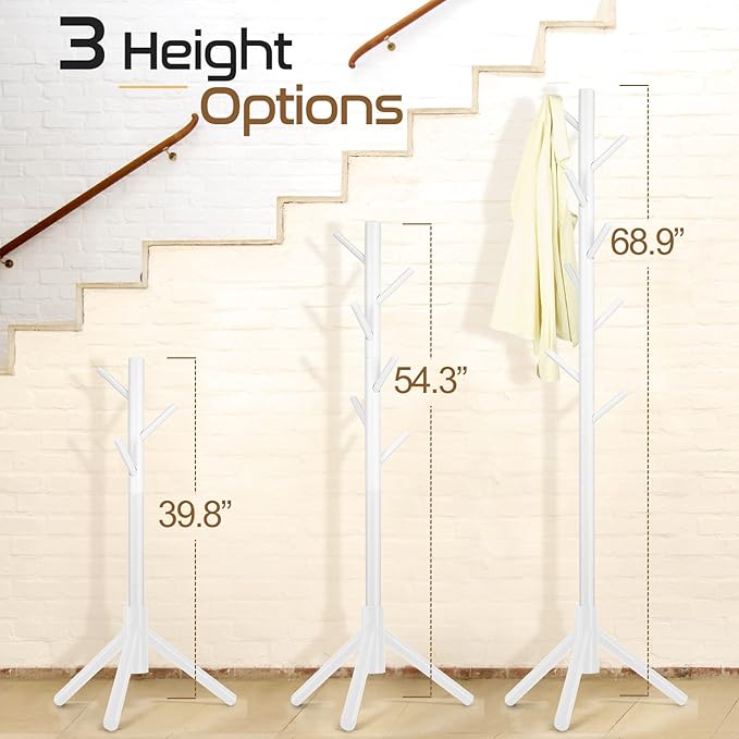 Solid Wooden Coat Rack Freestanding, New Zealand Pine Coat Tree with 8 Hooks & 3 Adjustable Sizes for Coats, Hats, Handbags and Scarves, Space Saving for Entryway/Office/Bedroom (White)