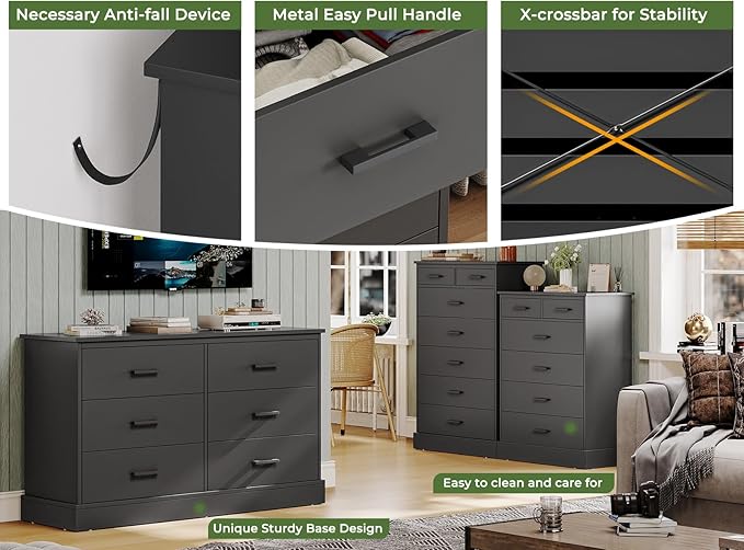 Hasuit Black Dresser for Bedroom, Tall 7 Drawer Dresser with Sturdy Base, Wood Storage Tower Clothes Organizer, Large Storage Cabinet, Chest of 7 Drawers for Closet, Living Room, Hallway