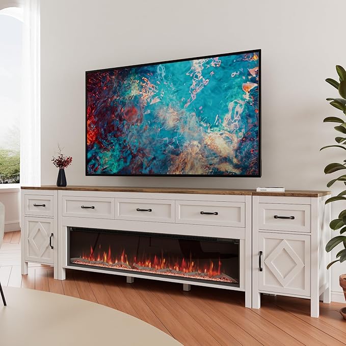 Modern TV Stand with Fireplace for TVs Up to 100 Inch,Entertainment Center with 60" Electric Fireplace,98" TV Console with Storage Cabinet Drawers for Living Room(Off White)