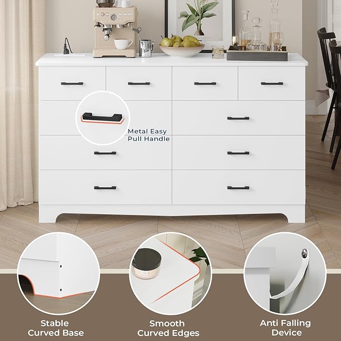 DICTAC White Dresser for Bedroom with 10 Drawers, Large Chest of Drawers Storage Organizer, Long Dresser TV Stand with Power Outlets, Wide Dressers for Bedroom, Living Room 55.1" W x 32.3" H x 15.8" D