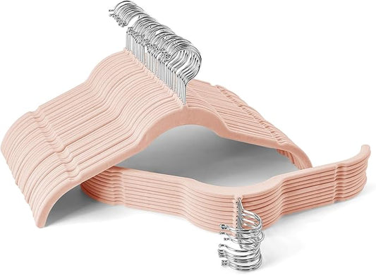 Premium Velvet Shirt Hangers 50 Pack, Non-Slip 360° Swivel Hook Space-Saving Felt Hanger, Slim Flocked Hangers for Blouses, Strappy Dresses, Tank Tops(Pink)