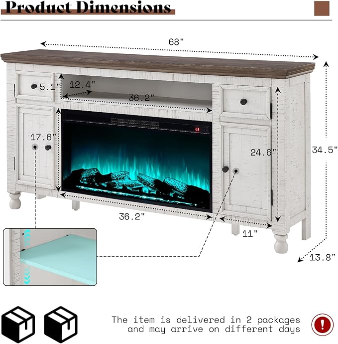 AMERLIFE 70” Fireplace TV Stand for TVs up to 75”, Solid Wood Entertainment Center with 36”Electric Fireplace Insert, Farmhouse Media Console with Storage, Distressed White