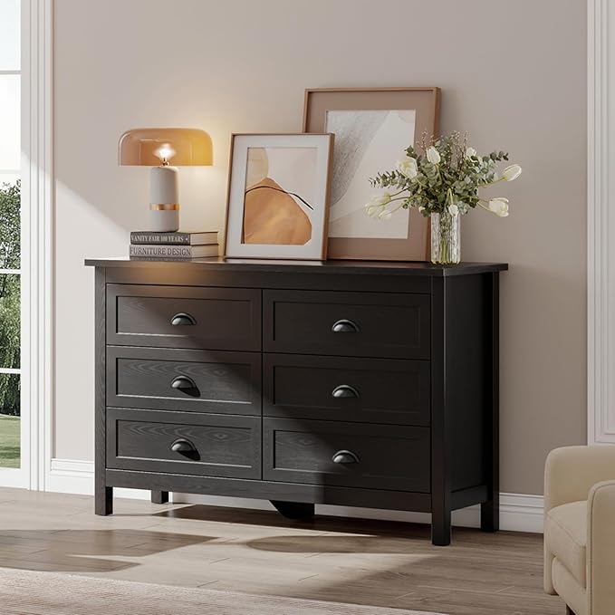 Black Dresser for Bedroom, Farmhouse 6 Drawer Double Dresser with Vintage Antique Handles, Modern Dressers and Chest of Drawers for Bedroom