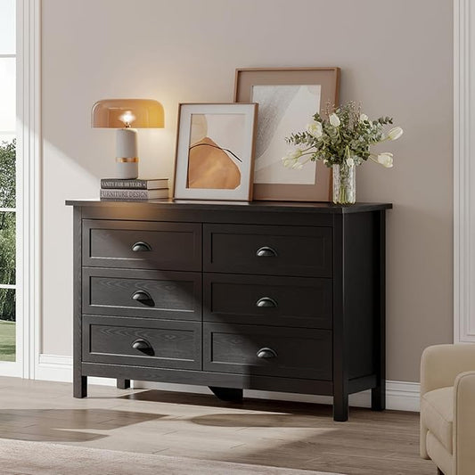 Black Dresser for Bedroom, Farmhouse 6 Drawer Double Dresser with Vintage Antique Handles, Modern Dressers and Chest of Drawers for Bedroom