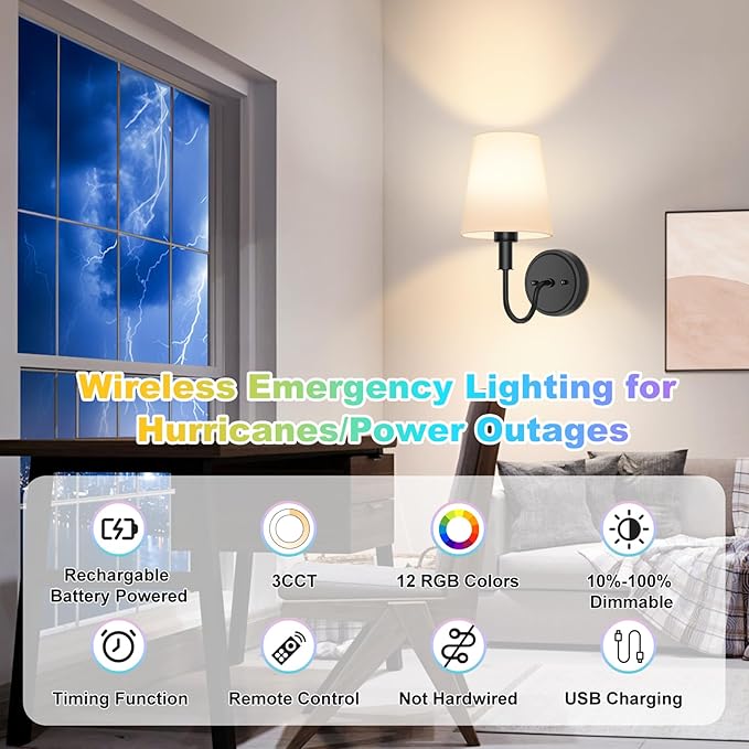 Wireless Rechargeable Wall Sconce, Black Battery Operated Wall Lights, Wall Lamps with Remotes and Dimmable RGB LED Bulbs, No Wiring Indoor Sconces Wall Decor Set of 2 for Bedroom Living Room Hallway
