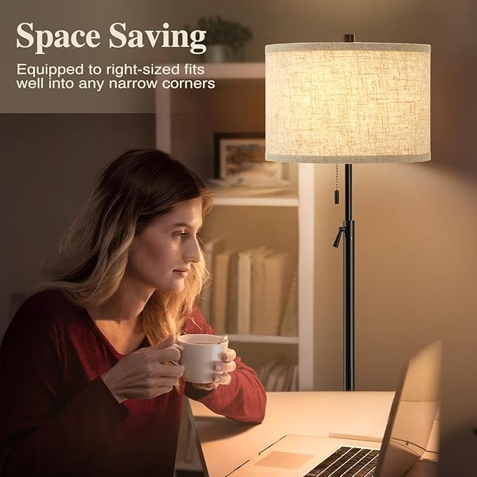 GyroVu Black Floor Lamp, Height Adjustable Standing Lamp Tall Lamp with Fabric Lampshade&Pull Chain Corner Floor Lamps for Living Room, Bedroom & Office Bulbs Not Included(Black)