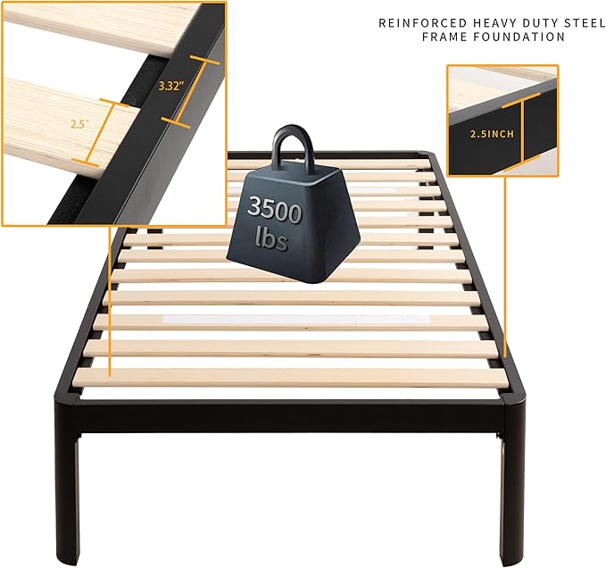 MAF 14 Inch Twin Platform Bed Frames with Wooden Slats, Black 3500 Lbs Heavy Duty Metal Bed Frame with Anti-Collision Round Legs, No Box Spring Needed, Easy Assembly