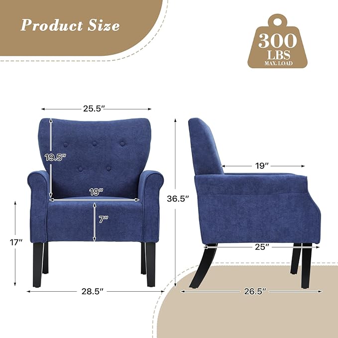 Athena Collection Mid Century Accent Chair with Rubberwood Legs, Upholstered Modern Armchair with High Back, Tufted Backrest and Angled Back Legs for Living Room, Bedroom, Vanity, Navy Blue