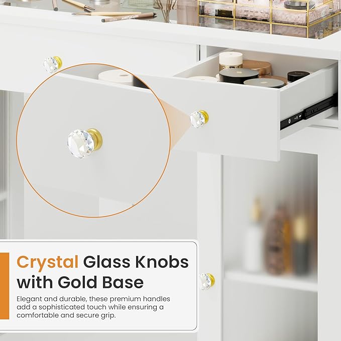 Pamapic Makeup Vanity with Crystal Knobs, Glass Top Vanity Desk with Mirror and Lights, Power Outlet, Drawers and Cabinet, 3 Lighting Color Adjustable Dressing Table, Upgraded Silent Slides, White