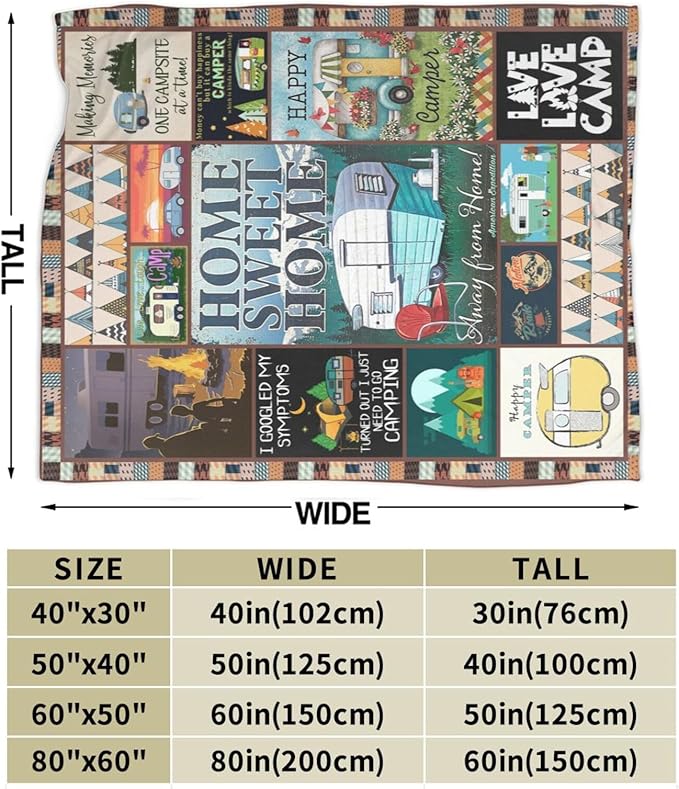 Camping Blanket Soft Warm Plush Throw Blanket Happy Camper RV Gifts for Camper Lover Cozy Lightweight Flannel Fleece Stuff Decor Blanket for Girls Boys Kids Adults Women Bed Travel 50"x60"