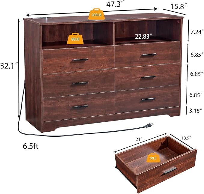 LIDYUK Dark Cherry Dresser for Bedroom, 6 Drawer Dressers & Chests of Drawers, Modern Wood Dresser with Charging Station and LED Lights, 48 Inches Wide Chest of Drawers for Bedroom, Living Room