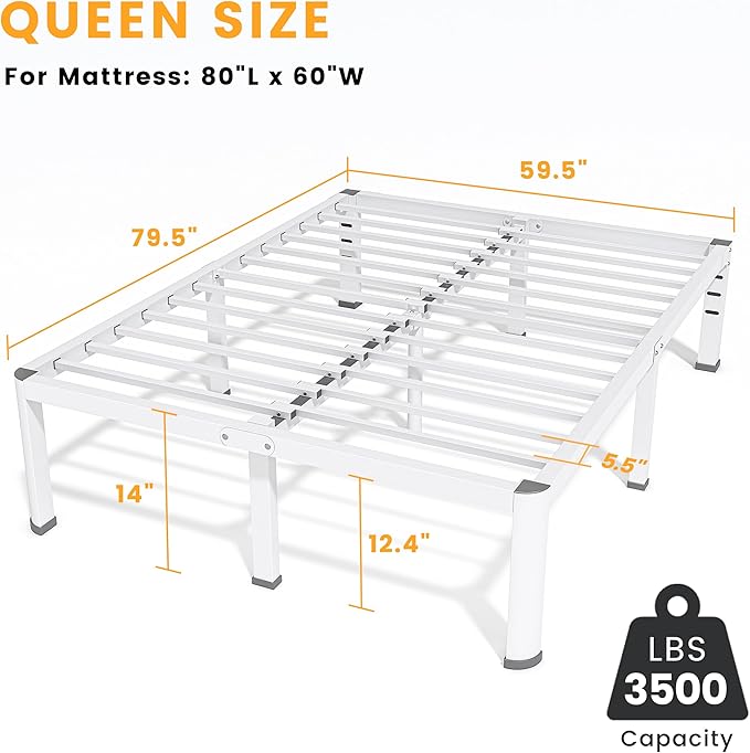 14 Inch Queen Bed Frame, Metal Platform Bed Frame with Round Corner Legs, 3500 lbs Heavy Duty Steel Slats Support, No Box Spring Needed, Noise Free, Easy Assembly, White