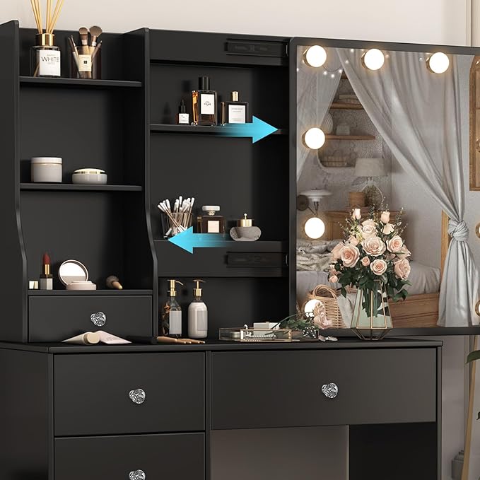 Vanity Desk with Mirror and Lights, Makeup Vanity Desks with Drawers and Shelves, Vanity Table with Adjustable Lighting and 3 Lighting Modes, Black Dressing Table with Stool for Bedroom Dressing Room
